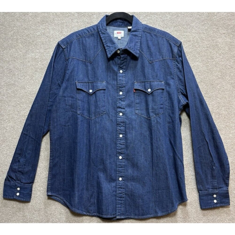 Levi Men's XL Shirt Blue Denim Pearl Snap Cotton Western Long Sleeve Cowboy EUC